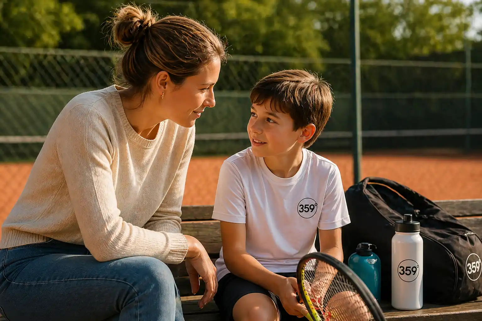 Ouder en kind delen een rustig moment naast de tennisbaan